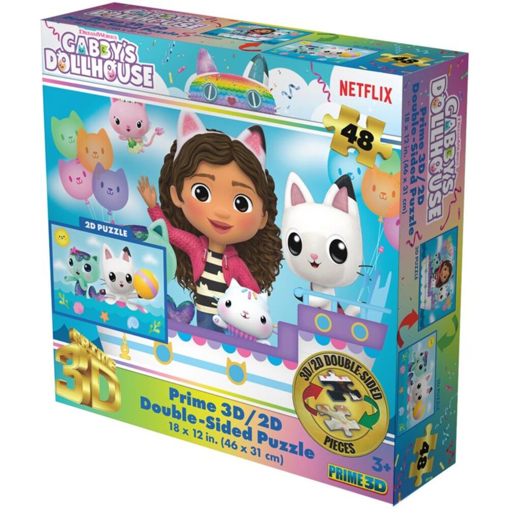Gabby's Dollhouse contains 48pc 18x12 in 3D/2D Double-Sided Puzzle